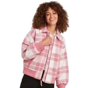 Universal Thread‎ Pink Plaid Fuzzy Bomber Jacket XL Full Zip Extra Large